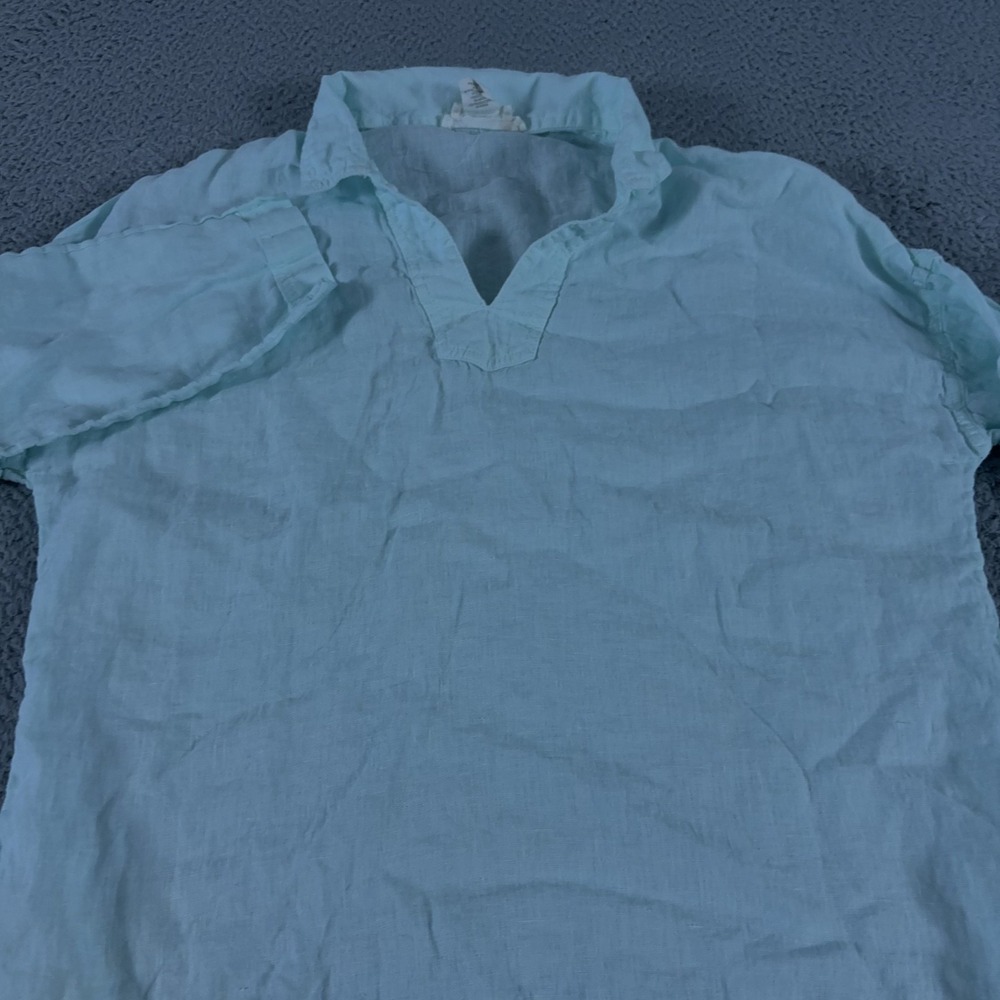 C & C California Shirt Womens Medium Green 100%‎ Linen V-Neck Top Beach Coastal